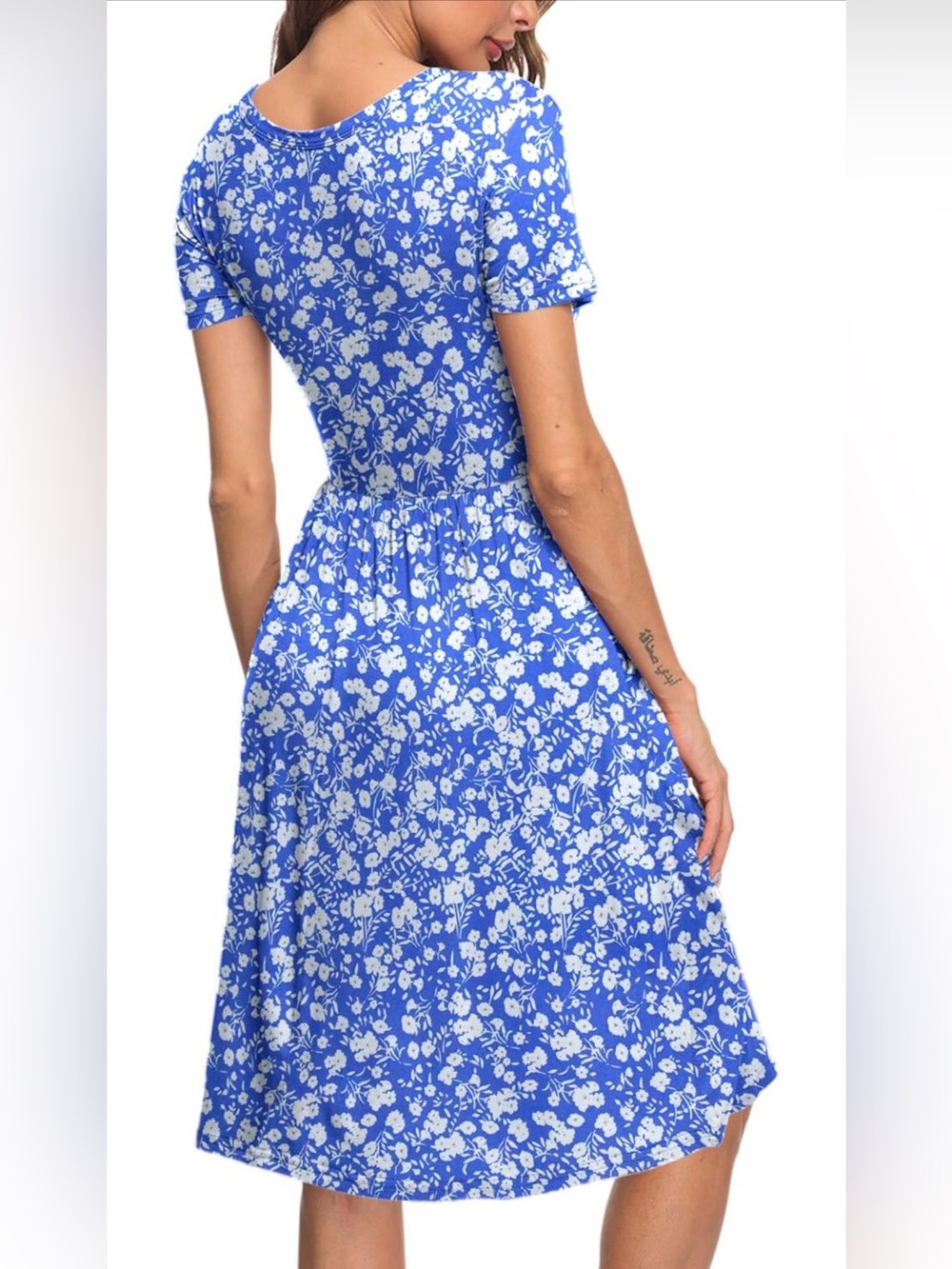 NWT Auselily Blue Floral Short Sleeve Midi Dress Pleated Skirt Pockets, Large - Picture 2 of 11
